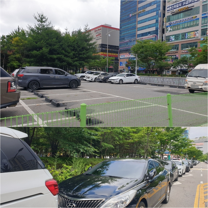4일 오전 주차 공간이 텅 비어 있는 논고개 공영주차장과 일렬로 차량이 불법주차된 모습. ( 사진 = 유지인 기자 )