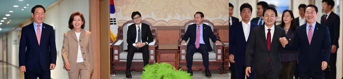 왼쪽부터 나경원 의원, 한동훈 전 비대위원장, 원희룡 전 국토부장관이 유정복 시장과 만나 이야기를 나누는 모습. ( 사진 = 유정복 인천시장 페이스북 갈무리 )