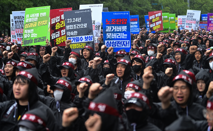 8일 전국삼성전자노동조합이 화성시 삼성전자화성사업장에서 총파업 궐기대회를 열었다. (사진=옥지훈 기자)