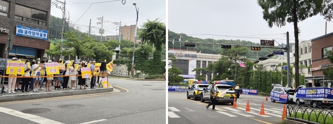 지난 11일 오전 10시 김포시청 인근에서 구래동 데이터신터 착공 반대 시위(사진 왼쪽)와 감정4지구 조합원들의 시위(사진 오른쪽)가 벌여지고 있다. (사진=천용남 기자) 