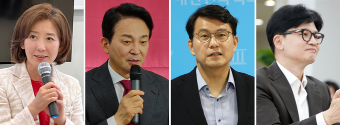 국민의힘 당권레이스 후반전에 돌입한 대표 후보들. 왼쪽부터 나경원, 원희룡, 윤상현, 한동훈(가나다순) 후보. (사진=연합뉴스)