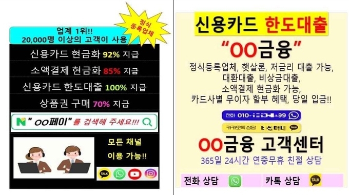 불법 현금융통 관련 광고 예시. (사진=금융감독원 제공)