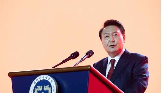윤석열 대통령이 23일 오후 고양시 킨텍스에서 열린 국민의힘 제4차 전당대회에 참석해 축사를 하고 있다. (사진=대통령실 제공)