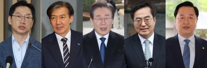 (왼쪽부터) 김경수 전 경남도지사, 조국 조국혁신당 대표, 이재명 전 더불어민주당 대표, 김동연 경기도지사, 김두관 민주당 대표 후보. (사진=연합뉴스)