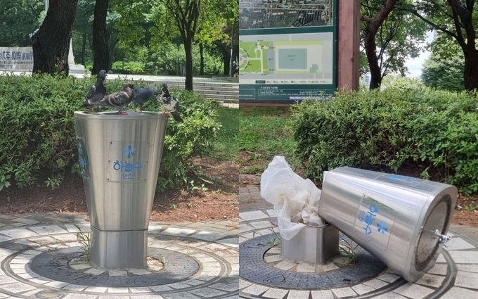 인천 남동구 올림픽 공원 내 급수대 위로 비둘기가 앉아 있거나 상·하부가 분리돼 땅에 엎어져 있다. ( 사진 = 유지인 기자 )