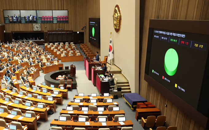 2일 오후 국회 본회의에서 ‘전 국민 25만원 지원법(민생회복지원금 특별조치법)’이 야당 단독으로 통과되고 있다. (사진=연합뉴스)