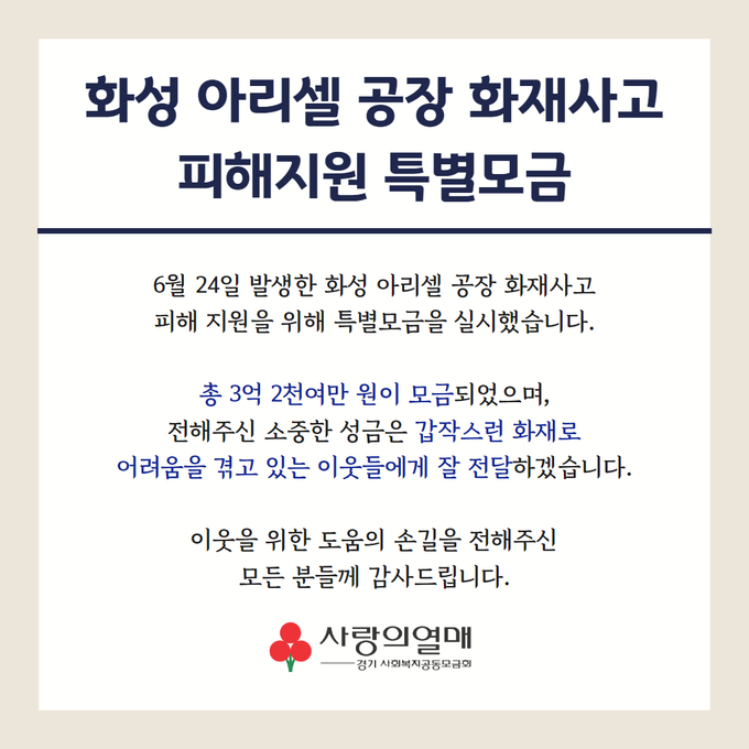 경기 사랑의열매 화성 아리셀 화재사고 피해지원 특별모금 종료 이미지. (사진=경기 사랑의열매 제공)