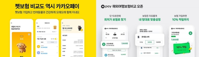 카카오페이의 펫보험 비교·추천 서비스(왼쪽)와 네이버페이의 해외여행보험 비교·추천 서비스 (사진=각 사 제공)