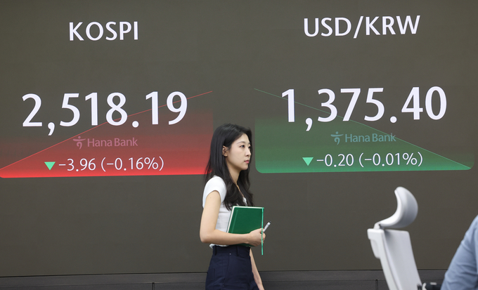 코스피가 약보합 출발한 7일 오전 서울 중구 하나은행 본점 딜링룸에서 직원이 업무를 보고 있다. (사진=연합뉴스)