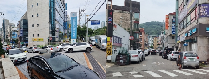 (왼쪽부터) 미추홀구 법조타운 먹거리촌, 문학동 일대 모습. ( 사진 = 김민지 기자 )
