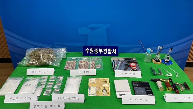  수원중부경찰서가 마약 밀수 일당으로 부터 압수한 마약 및 투약 도구 등. (사진=수원중부경찰서 제공)