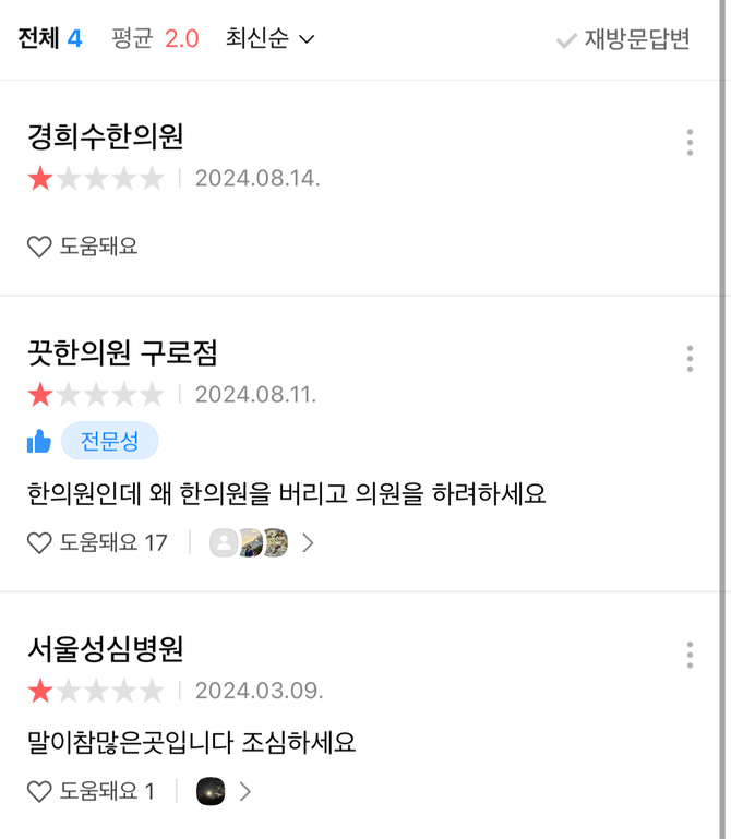 A한의원 리뷰 사이트에 달린 최저 별점 및 댓글 내용 갈무리. (자료=경기도한의사회 제공)