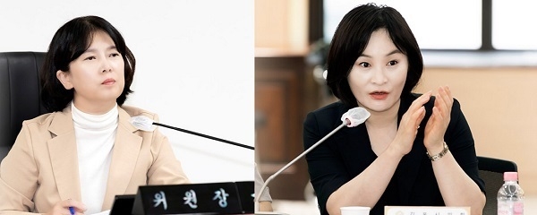 국힘 소속 유영숙 (오른쪽)의원과 김현주 의원이 임시회에 불참한 더불어민주당 의원들을 가르켜 비난하고 있다. (사진=김포시의회 제공)