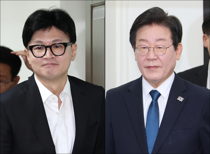 한동훈 국민의힘(왼쪽)·이재명 더불어민주당 대표가 19일 각각 여의도 당사와 국회에서 열린 당 최고위원회의에 참석하고 있다. (사진=연합뉴스)