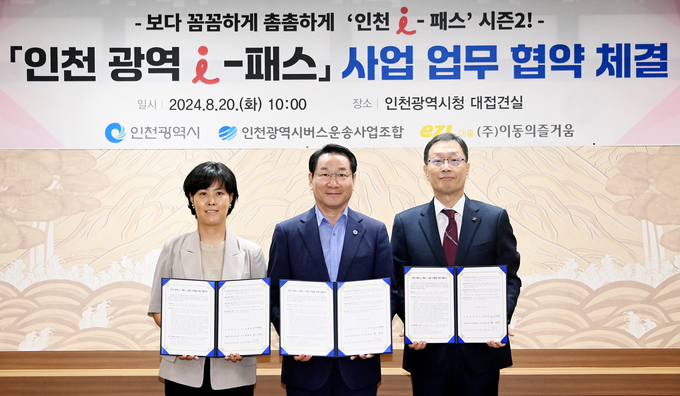 20일 유정복 인천시장이 시청 접견실에서 열린 '인천 광역 i-패스 사업 업무협약 체결식'에서 협약을 체결한 뒤 기념촬영을 하고 있다. ( 사진 = 인천시 제공 ) 