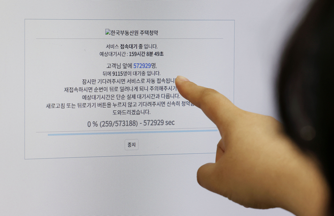 지난달 29일 한국부동산원 '청약홈' 홈페이지에 접속자가 몰리면서 대기 시간이 159시간으로 안내되고 있다. (사진=연합뉴스 제공)