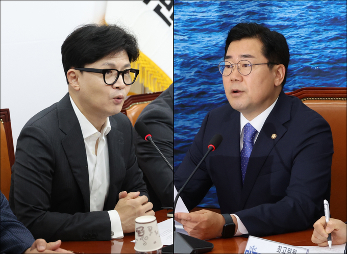 한동훈 국민의힘 대표(오른쪽)와 박찬대 더불어민주당 원내대표가 26일 각각 국회에서 열린 최고위원회의에 참석해 발언하고 있다. (사진=연합뉴스)
