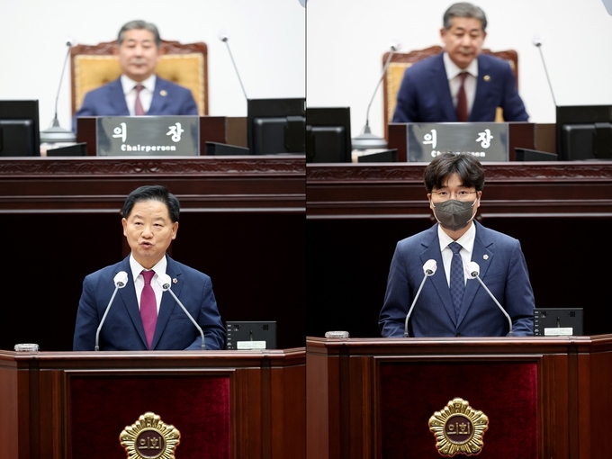 왼쪽부터 김종배 인천시의원과 정종혁 인천시의원이 28일 시의회 제297회 임시회 제1차 본회의에서 5분 발언을 하고 있다. ( 사진 = 인천시의회 제공 ) 