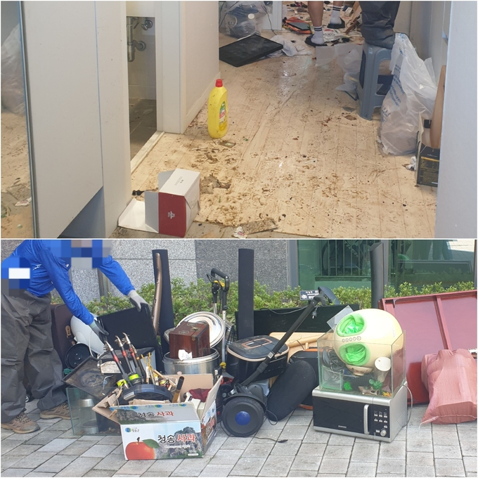 청소 중인 집 내부와 아파트 동 앞 입구에 내놓은 가재도구들. ( 사진 = 유지인 기자 )
