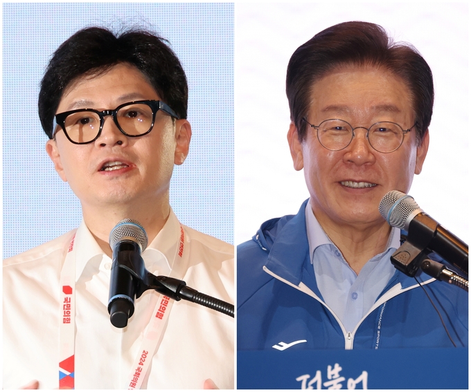 한동훈 국민의힘 (왼쪽)·이재명 더불어민주당 대표가 29일 인천에서 각각 열린 1박 2일 연찬회·워크숍에서 인사말하고 있다. 양당 대표는 다음 달 1일 오후 2시 국회에서 대표 회담을 개최한다. 한 대표와 이 대표가 예방이나 면담이 아닌 의제를 갖춘 공식 회담을 하는 것은 이번이 처음이다. (사진=연합뉴스)