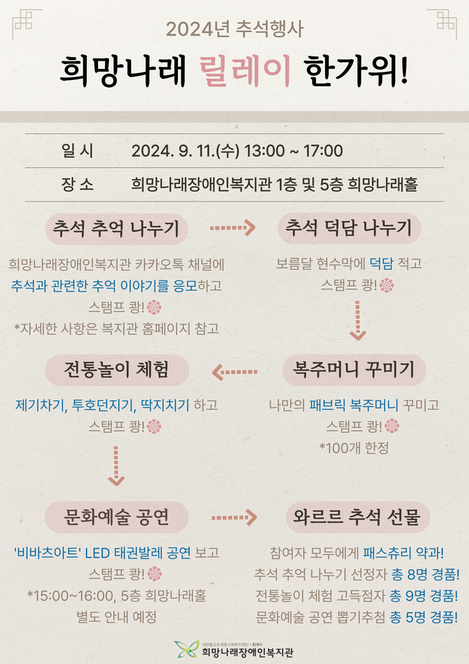 희망나래장애인복지관이 오는 11일(수) 2024년 추석 행사 ‘릴레이 한가위’를 복지관에서 개최한다. (사진=희망나래장애인복지관 제공)