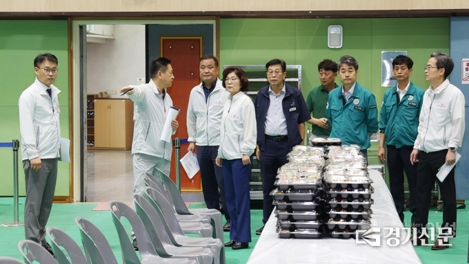 김보라 시장이 세계소프트대회 선수단 식당을 현장점검 하고 있다. (사진=안성시 제공)