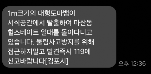 김포시 일대 전송된 재난문자. (사진=온라인 누리집 갈무리)