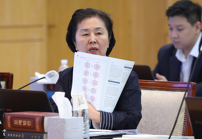 국민의힘 김영선 전 국회의원이 21대 의원 시절인 지난해 10월 16일 한국은행 대구경북본부에서 열린 국회 기획재정위원회의 국정감사에서 질의하고 있다. (사진=연합뉴스)