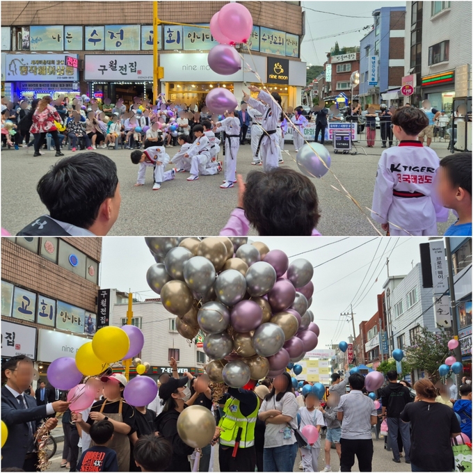 건국 태권도에서 온 어린이들 공연을 200여 명의 사람들이 구경하고 있다. ( 사진 = 유지인 기자 )