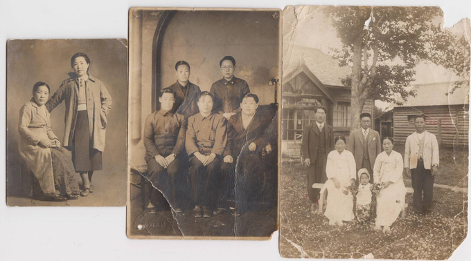 1939 - 1941. 일제강점기 우리 부모의 모습. 왼쪽 사진: 좌측에 강순예, 오른쪽 사진: 앞줄 할머니 김씨, 누나 박종인, 어머니 강순예, 뒷줄 가운데 아버지 박득수, 큰아버지 박무진. (사진=박승의 제공)