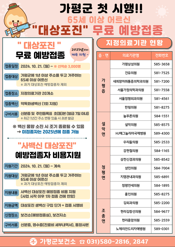 가평군이 10월21일부터 65세 이상 어르신 3000명을 대상으로 대상포진 무료 예방접종을 실시한다. (사진=가평군보건소 제공)