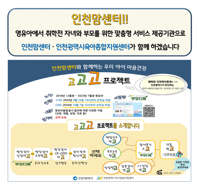 영유아 자녀와 부모를 위해 시기별 맞춤형 서비스를 제공하는 ‘인천맘센터'에서 ‘고고고 프로젝트’ 대상자를 모집한다. ( 사진 = 인천시 제공 )