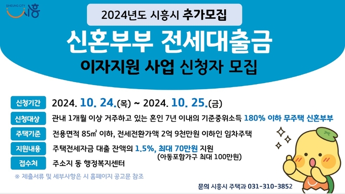 시흥시가 ‘신혼부부 전세대출금 이자지원 사업’대상자를 추가 모집 포스터. (사진=시흥시 제공)