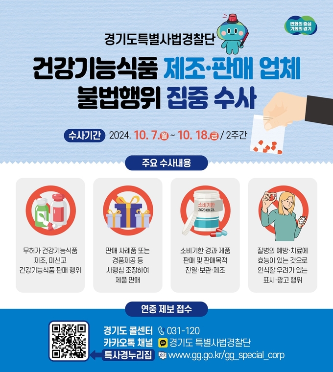 경기도특별사법경찰단 건강기능식품 관련 불법행위 집중수사 홍보자료. (사진=경기도 제공)