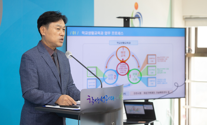 지난 8일 손재윤 인천시교육청 학교생활교육과장이 브리핑룸에서 ‘원스톱 통합 시스템’을 발표하고 있다. ( 사진 = 인천시교육청 제공 )