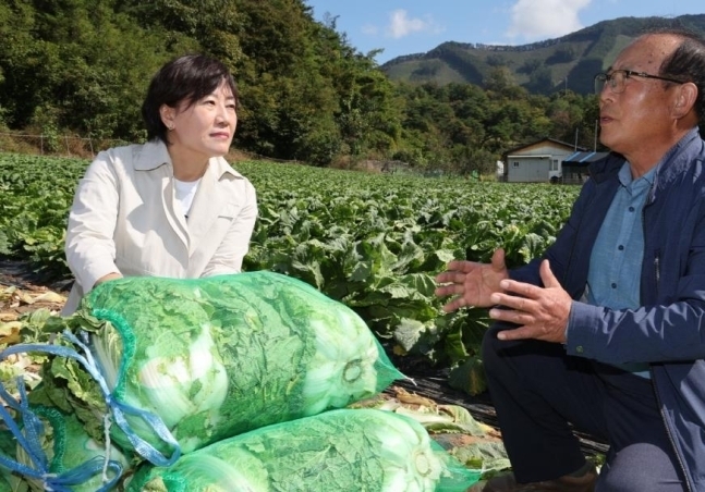 배추 생육 상황 점검하는 송미령 농림축산식품부 장관. (사진=농림축산식품부 제공)