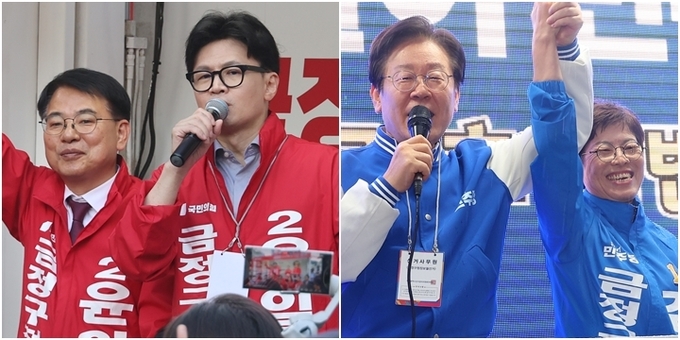 부산 금정구청장 보궐선거 지원 나선 한동훈 국민의힘 대표(왼쪽 사진)와 이재명 더불어민주당 대표 (사진=연합뉴스)
