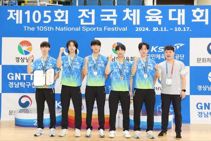 17일 경남 양산시 양산종합운동장 실내체육관에서 열린 대회 마지막날 남대부 단체전에서 우승한 경기대학교 선수단이 기념사진을 찍고 있다. (사진=경기대학교 제공)