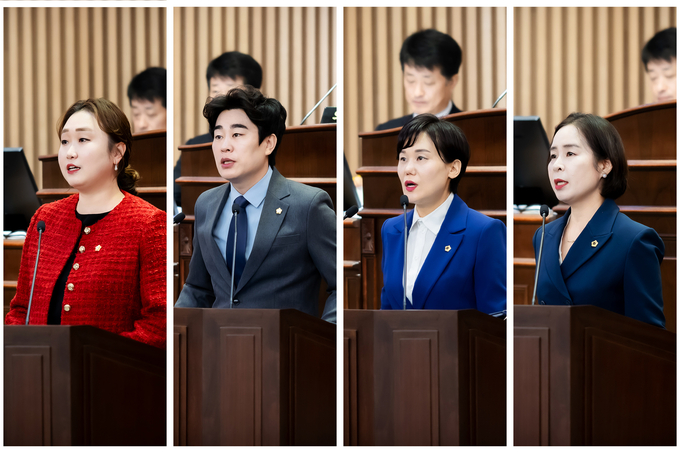 남양주시의회 의원들이 시정현안 사항에 대한 시정질문을 하고 있다. 사진 왼쪽부터 전혜연, 김상수, 한송연, 정현미 의원(사진=남양주시의회 제공)