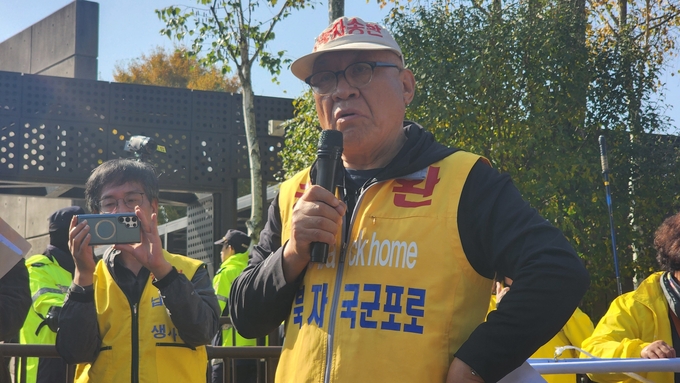  31일 파주시 문산읍 국립 6·25전쟁납북자기념관에서 발언하고 있는 최성룡 납북자가족모임 대표. (사진=박진석 기자)