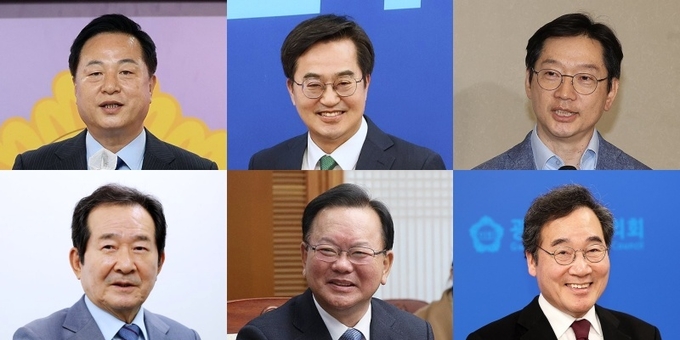 (왼쪽 위부터) 김두관 전 경남지사, 김동연 경기도지사, 김경수 전 경남지사, 정세균 전 총리, 김부겸 전 총리, 이낙연 전 총리. (사진=연합뉴스)
