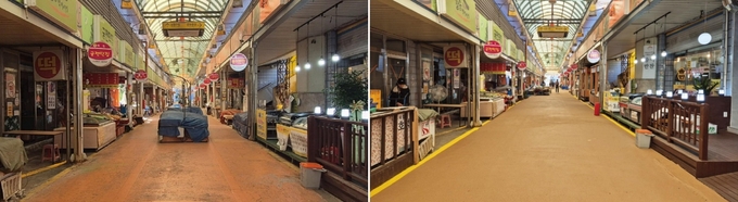 장승백이시장 중앙통로 노점상 이전 전과 후 모습. ( 사진 = 인천시 제공 )