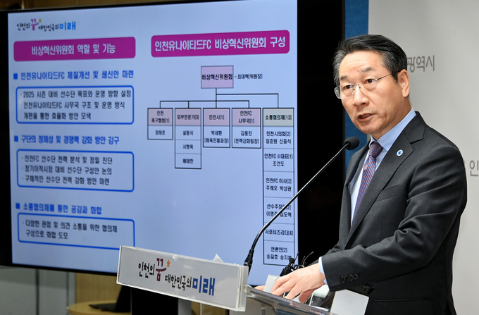 유정복 인천시장이 25일 시청 브리핑룸에서 인천유나이티드 FC 혁신계획을 발표하고 있다. ( 사진 = 인천시 제공 )