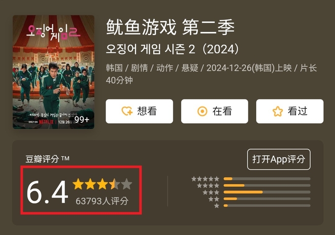 중국 콘텐츠 리뷰 사이트 '더우반'(豆瓣)에 공개된 '오징어게임2' 리뷰 화면. (사진=서경덕 성신여대 교수 제공)