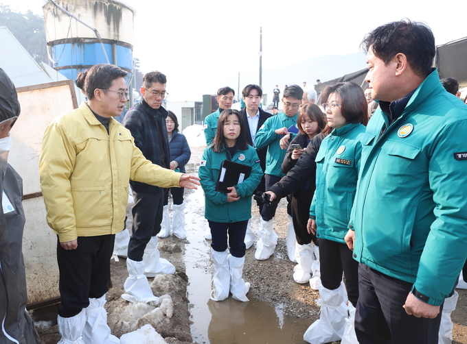 지난 2일 오전 김동연 도지사가 김보라 안성시장, 윤종근 국회의원 등과 양계장 대설 피해 현장을 점검하고있다. (사진=경기도 제공)