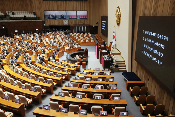 5일 국회 본회의에서 최재해 감사원장과 이창수 서울중앙지검장 등 검사 3명에 대한 탄핵 소추안이 본회의에 상정되고 있다. (사진=연합뉴스)