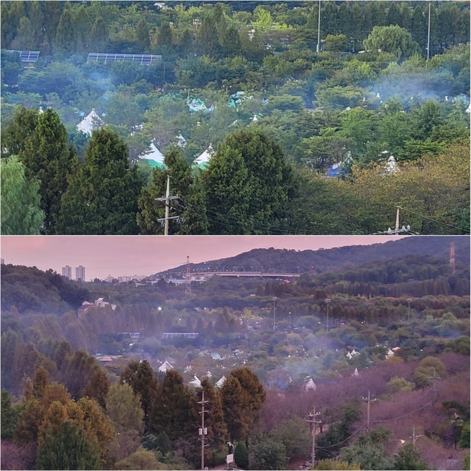 인천 남동구 장수동에 있는 너나들이 캠핑장에서 요리 등 연기가 피어오르고 있다. ( 사진 = 독자 제공 )