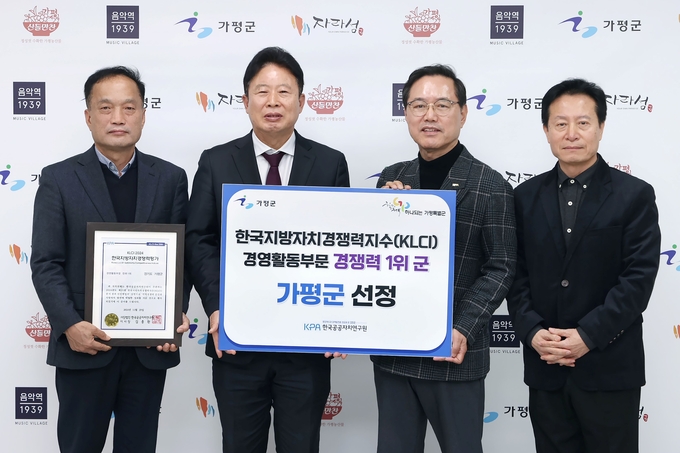 가평군이 (사)한국공공자치연구원으로부터 '한국지방자치경쟁력 평가 경영활동부문 전국 1위 '인증서를 받았다. (사진=가평군 제공)