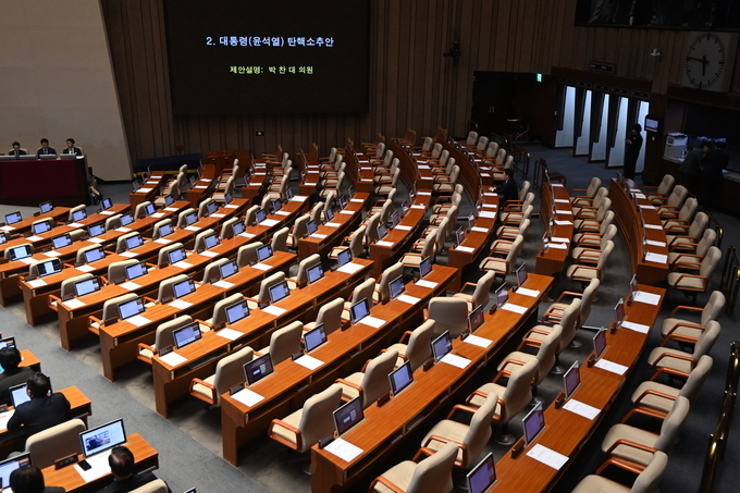 7일 오후 서울 여의도 국회 본회의장에서 윤석열 대통령 탄핵소추안 표결이 시작되자 안철수 국민의힘 의원을 제외한 여당 의원들의 자리가 텅 비어 있다. (사진=옥지훈 기자)