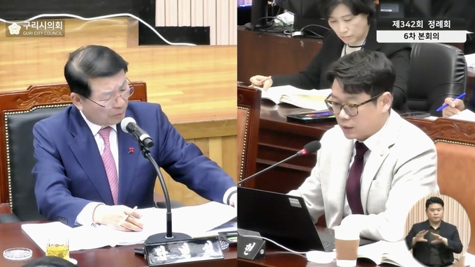 구리시의회 김용현 의원이 9일 구리시의회 ‘제342회 제2차 정례회'에서 백경현 구리시장을 상대로 시정질문을 하고 있다.(사진=구리시의회 제공)
